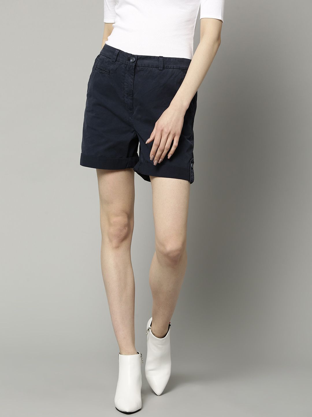 Marks & Spencer Women Navy Blue Solid Regular Fit Chino Shorts