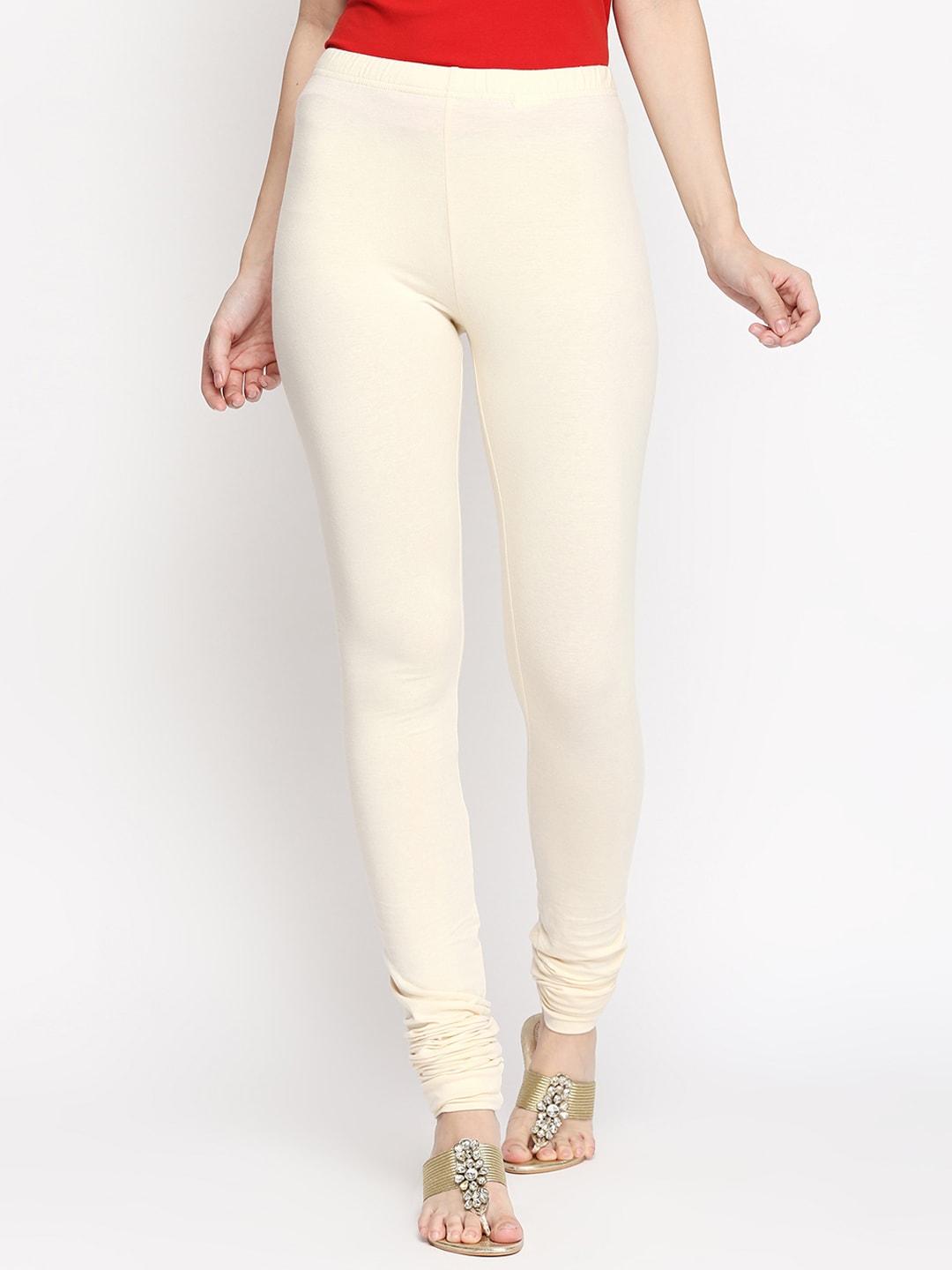 RANGMANCH BY PANTALOONS Women Off-White Solid Slim Fit Leggings Price in India