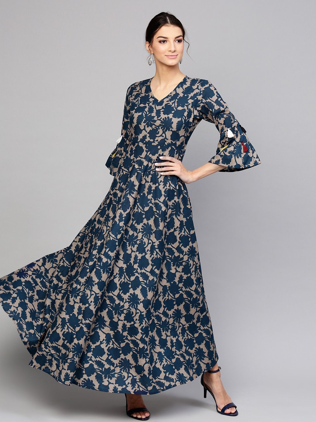 SASSAFRAS Women Navy Blue & Taupe Printed Tiered Maxi Dress