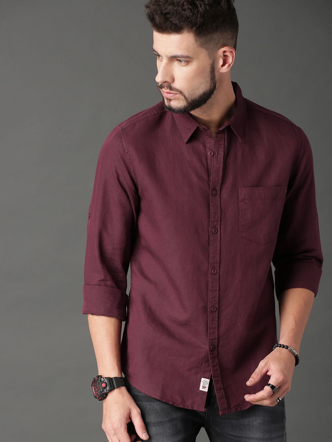 Roadster Men Burgundy Regular Fit Cotton Linen Casual Shirt