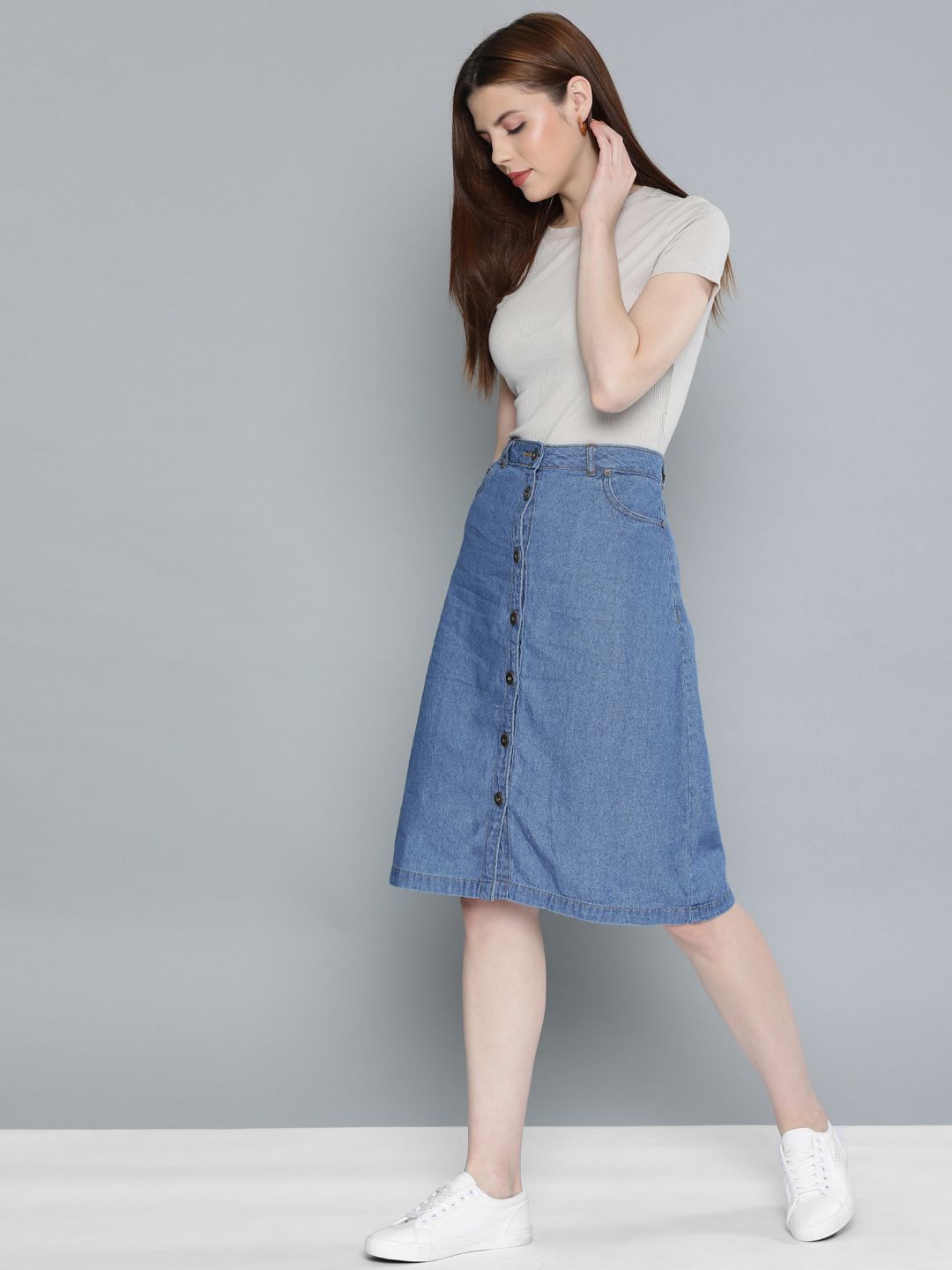 Chemistry Blue Denim A-Line Pure Cotton Skirt