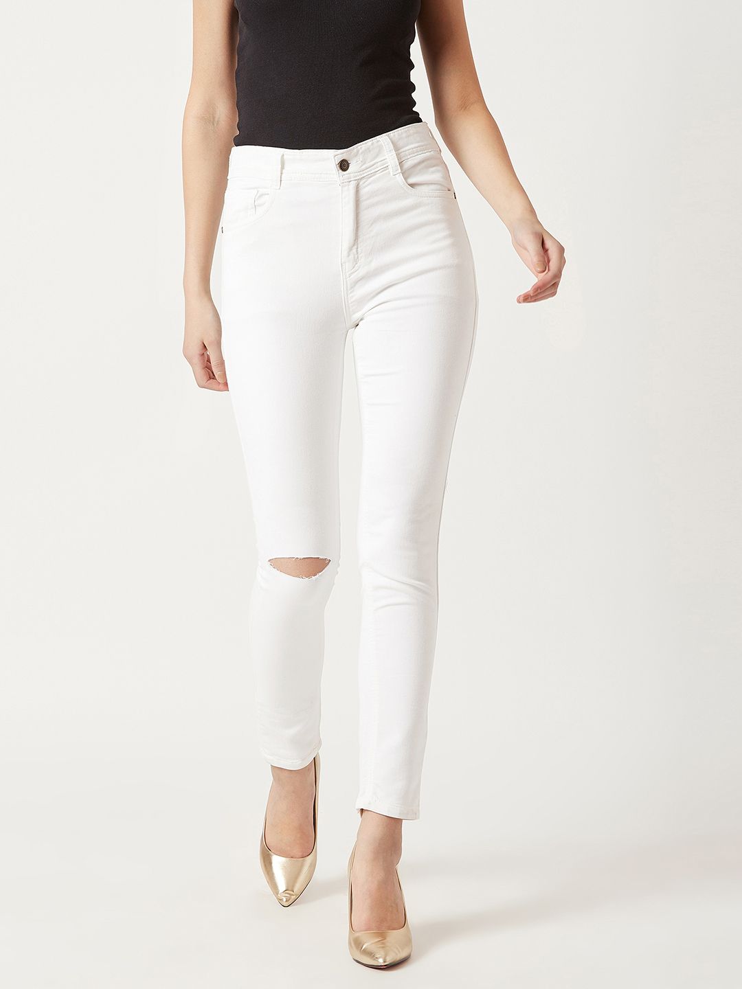 Miss Chase Women White Skinny Fit High-Rise Slash Knee Jeans Price in India