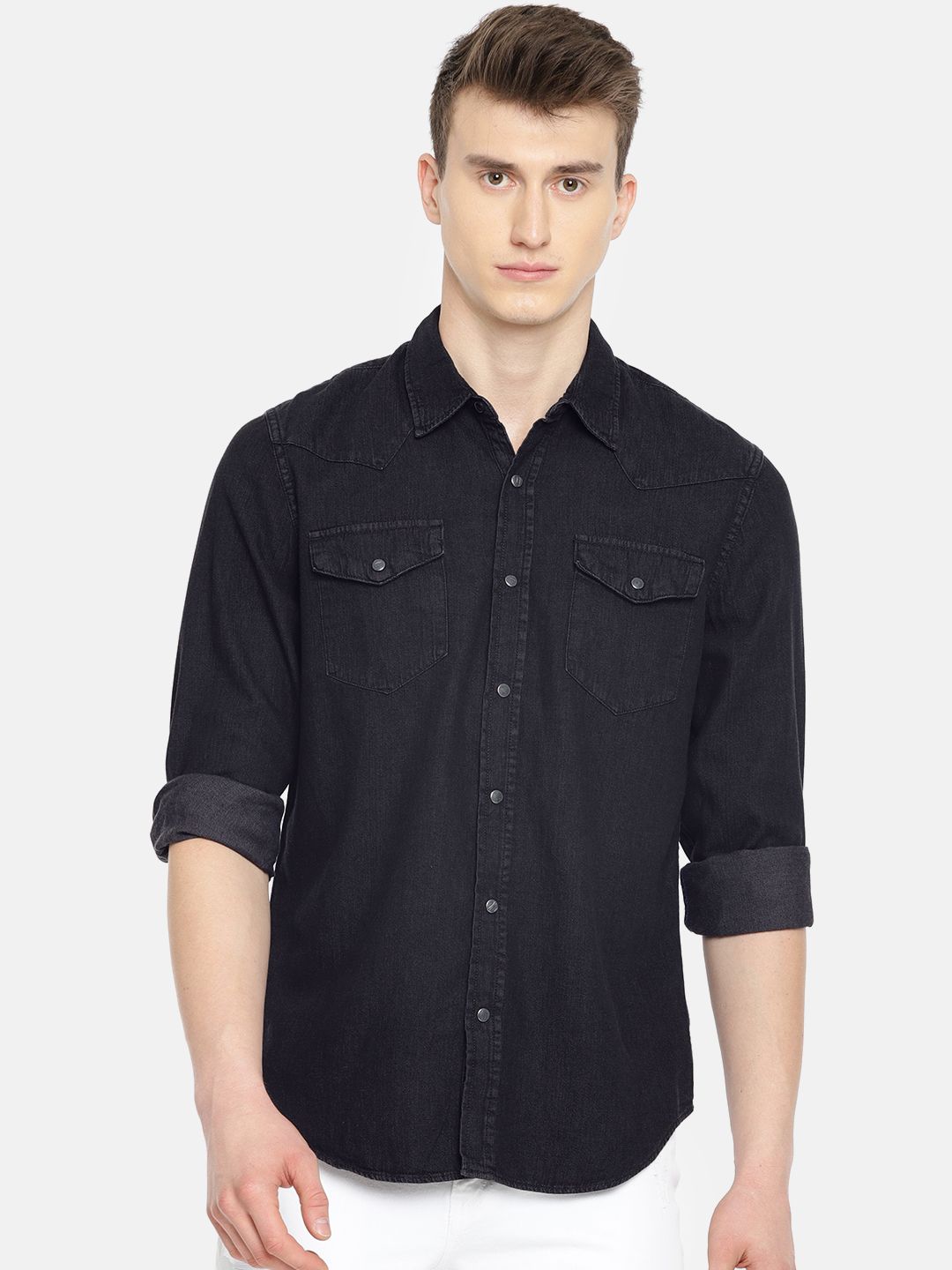 GAP Men Black Regular Fit Solid Denim Western Shirt