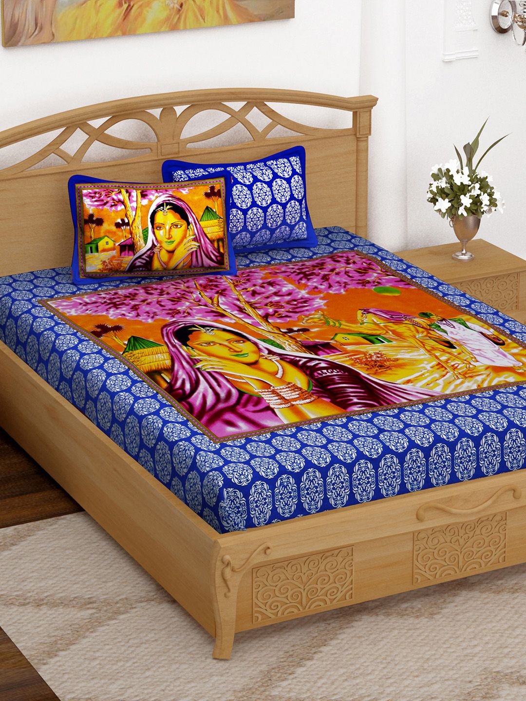 Story@home Blue Graphic Flat 152 TC Cotton Queen Bedsheet with 2 Pillow Covers Price in India