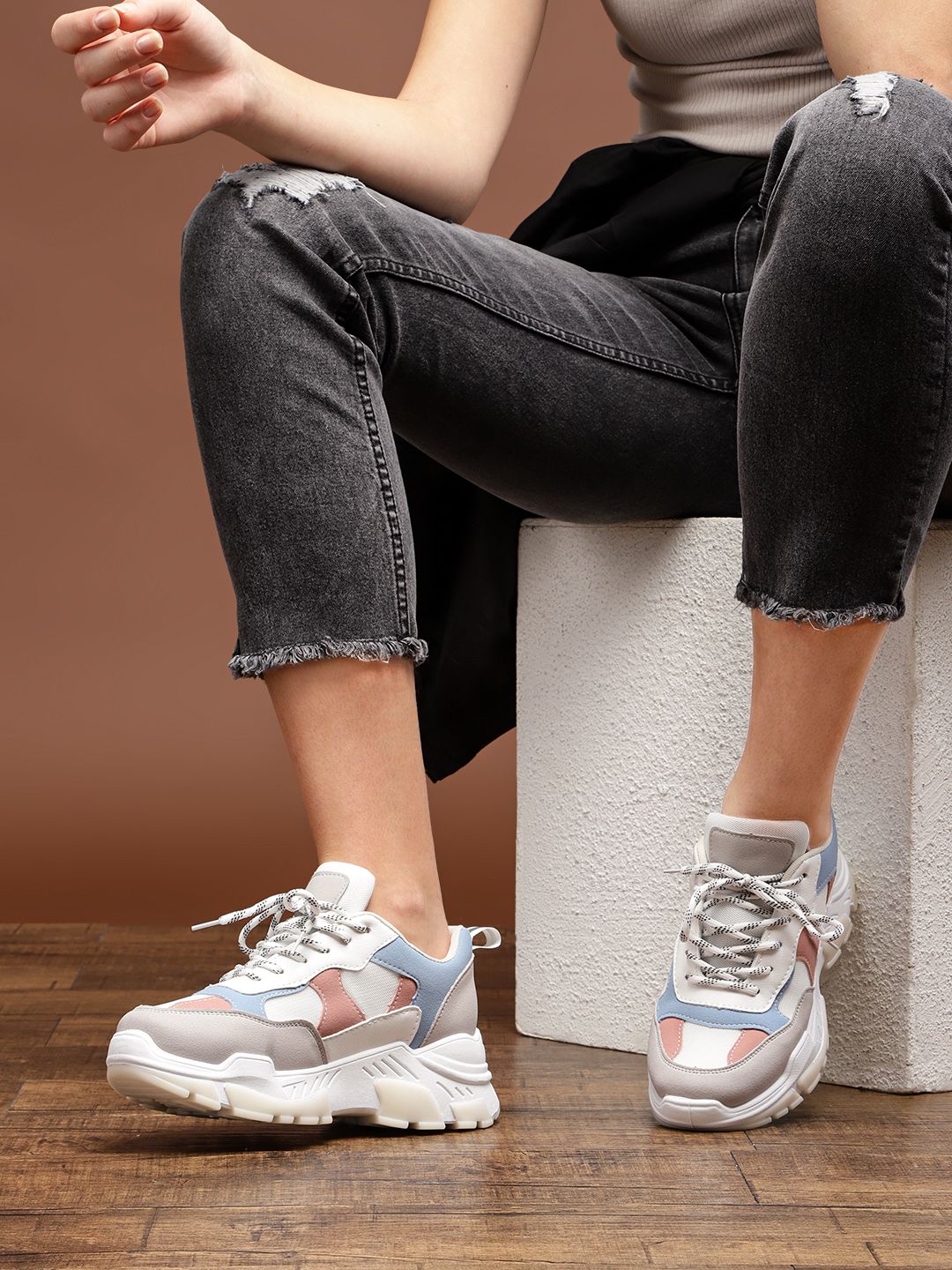 Roadster Women White & Grey Color-blocked Sneakers Price in India