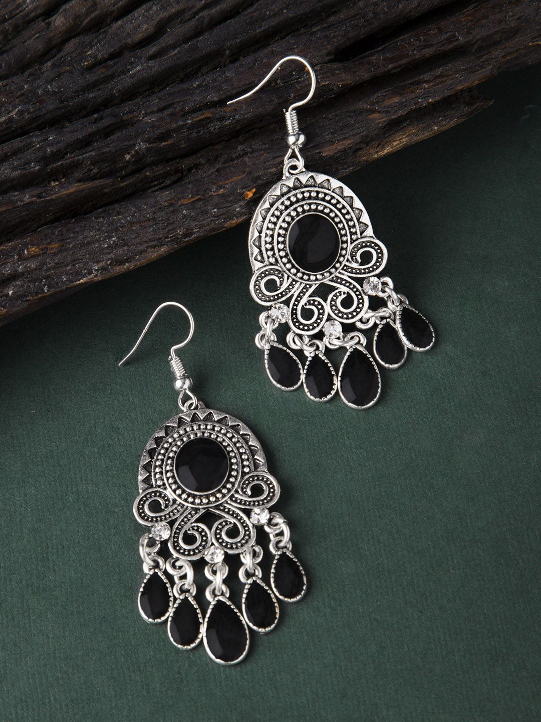 Rubans Women Silver-Toned & Black Classic Drop Earrings Price in India