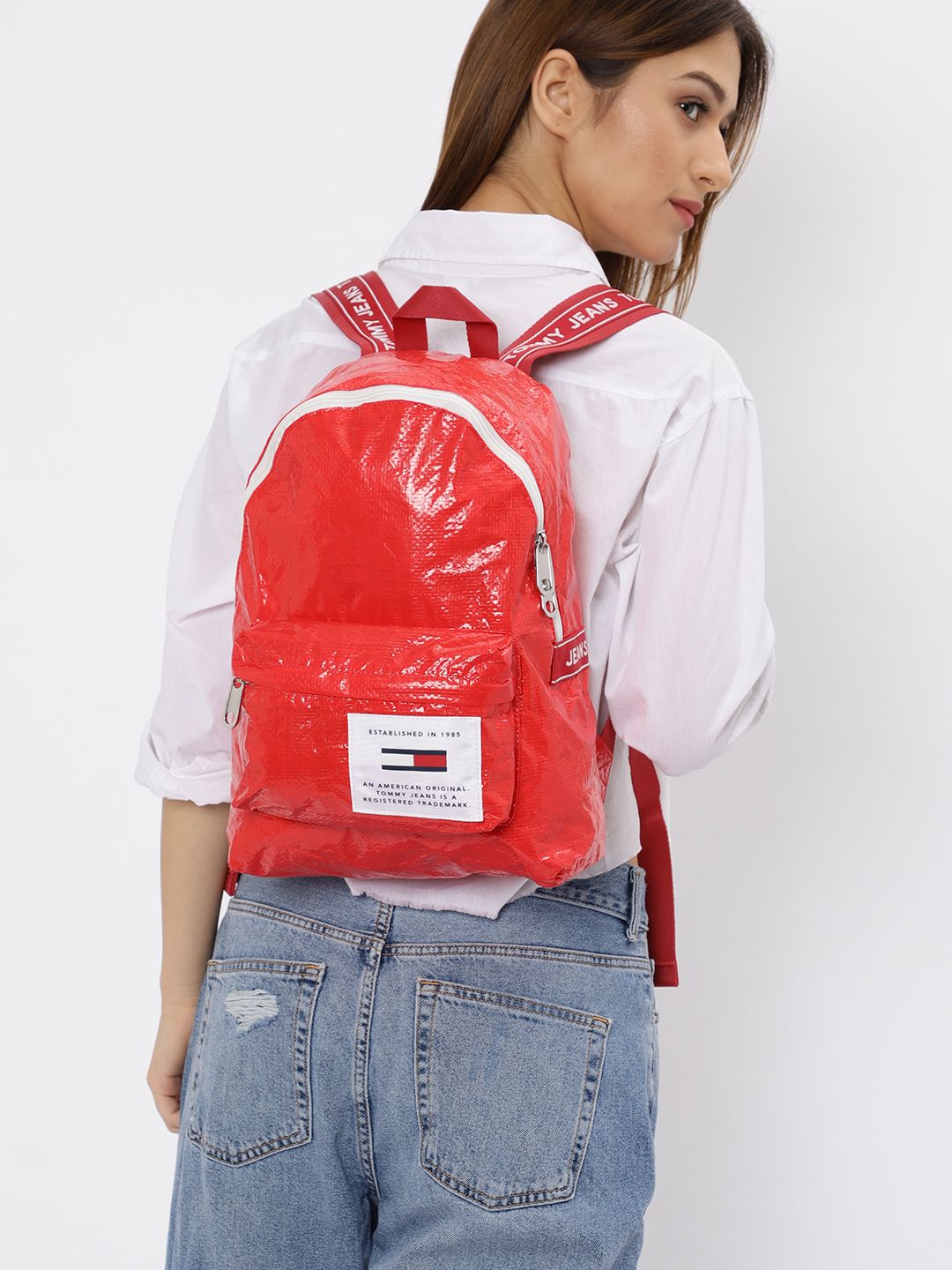 Tommy Hilfiger Women Red Solid Backpack Price in India