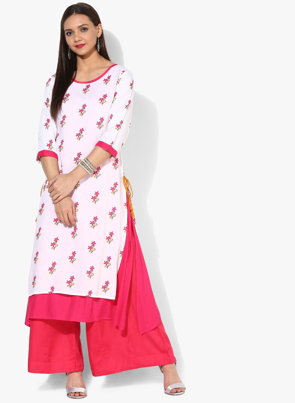 HERE&NOW White & Pink Printed Kurta with Palazzo