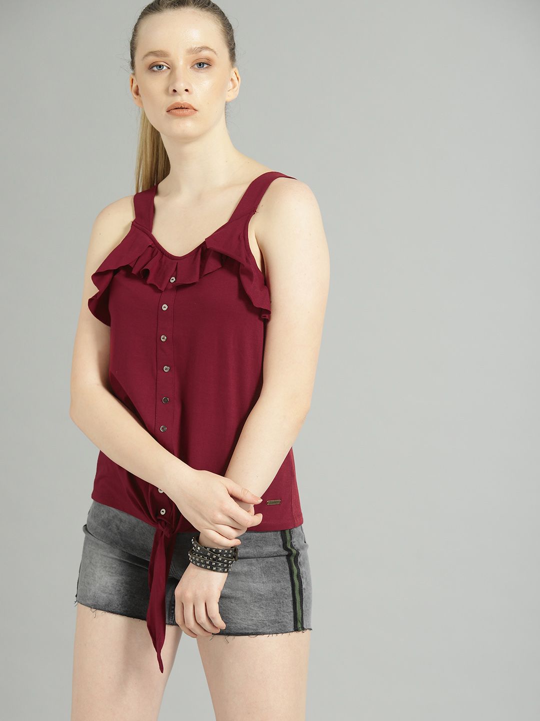 Roadster Burgundy Top With Front Tie-Up Detail Price in India
