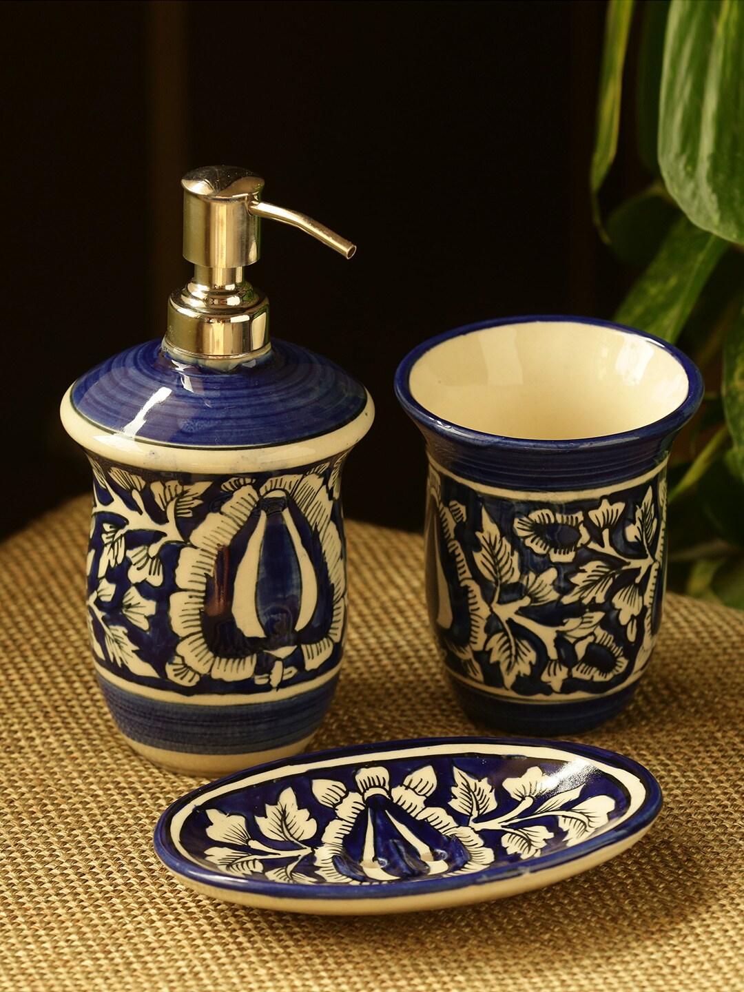 ExclusiveLane Set Of 3 Blue Mughal Gardens Hand-Painted Ceramic Bathroom Accessories Price in India