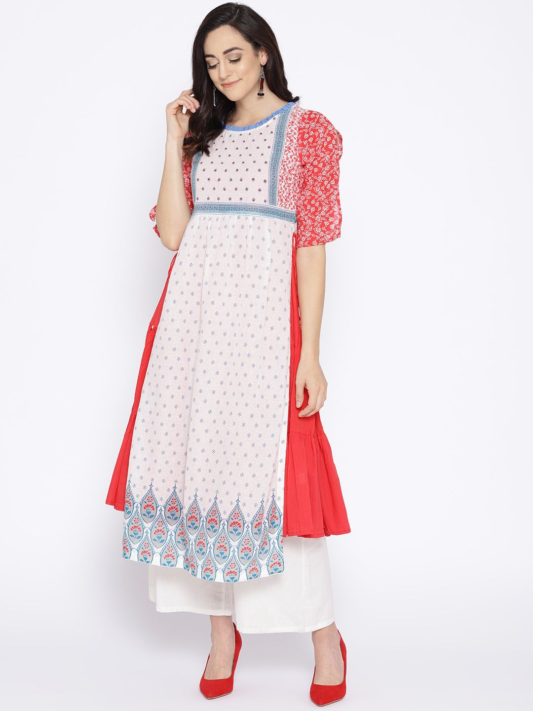 Biba Women White & Red Printed Asymmetric Layered A-Line Kurta