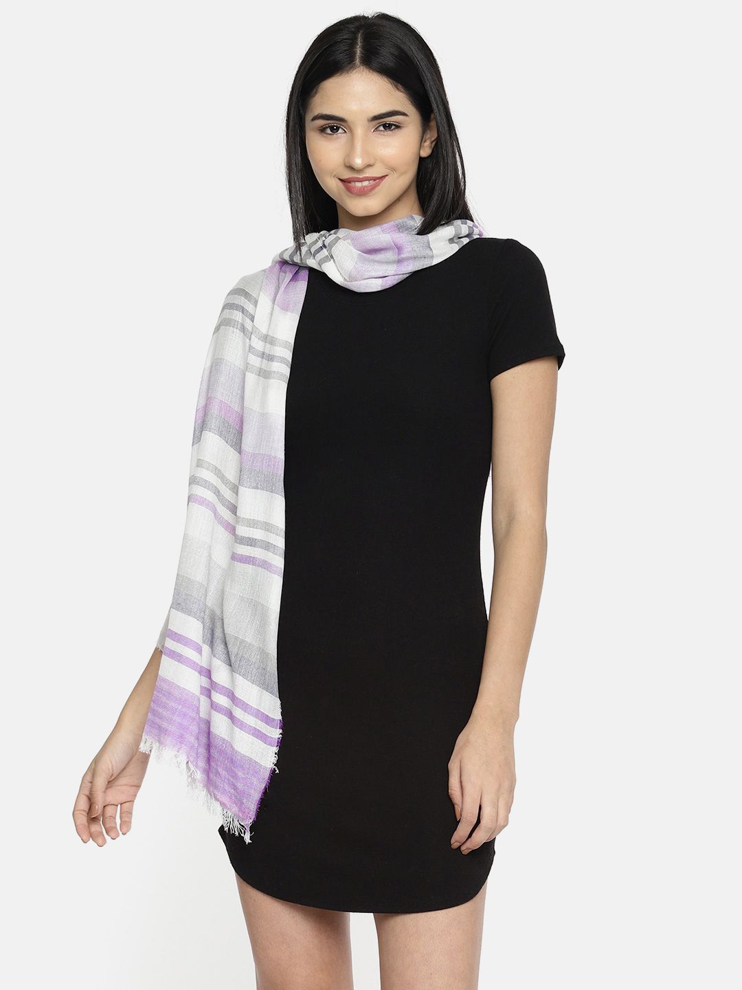 Ayesha Purple & Grey Striped Off-White Frayed Scarf Price in India