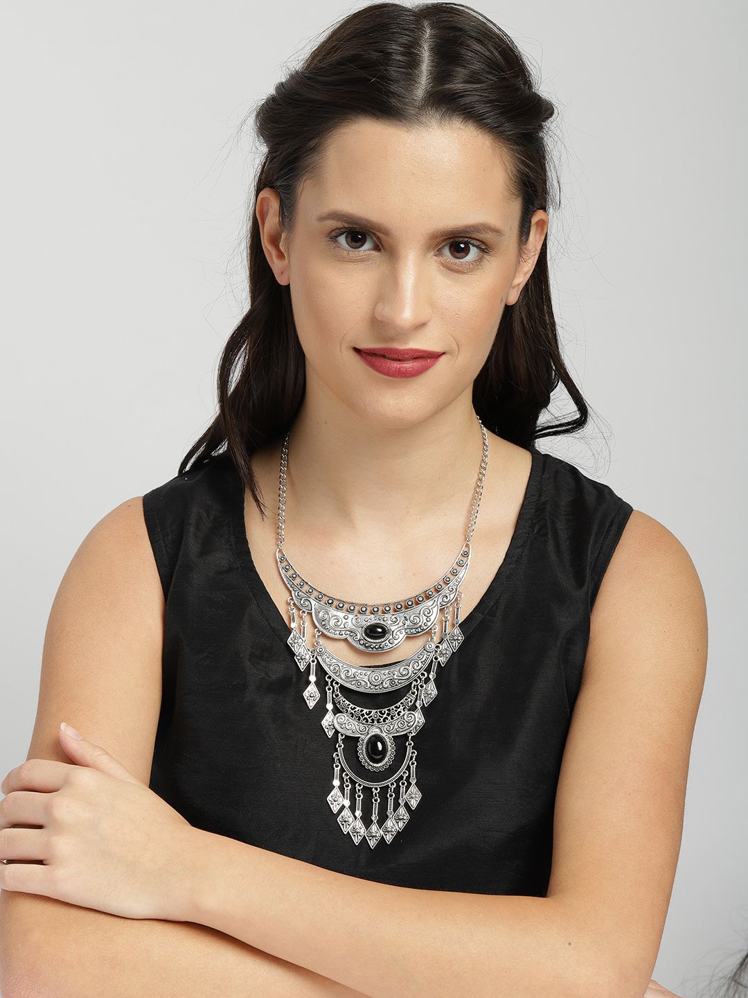 Ayesha Silver-Toned Oxidised Layered Necklace Price in India