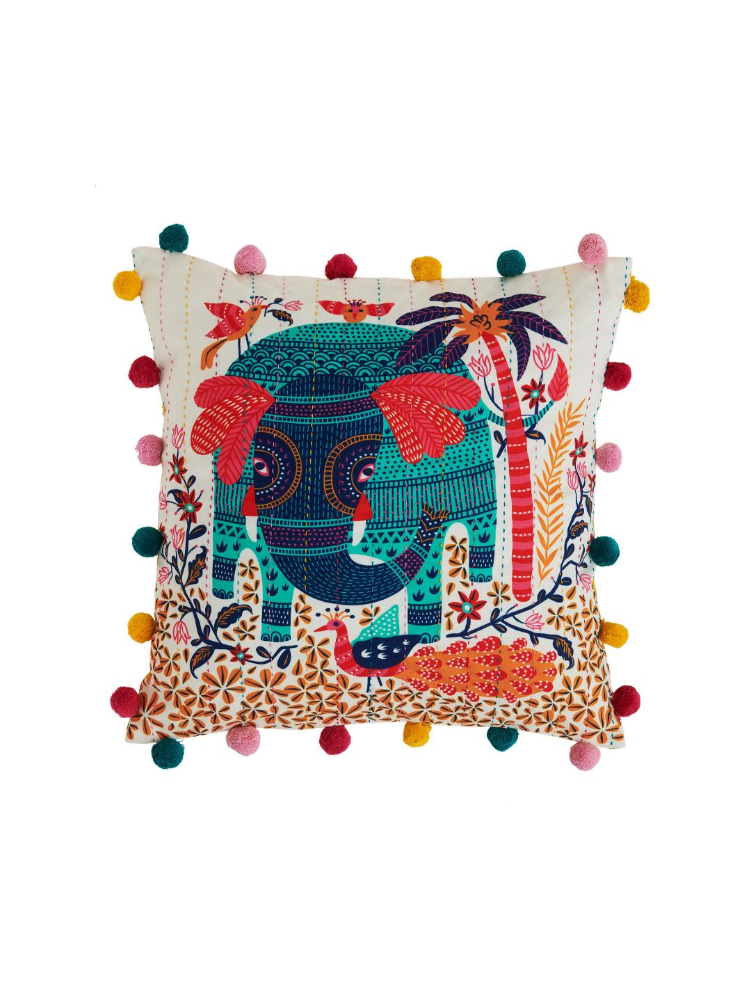 Chumbak Multicoloured Jungle Party Pom Pom Quirky Square Cushion Cover Price in India