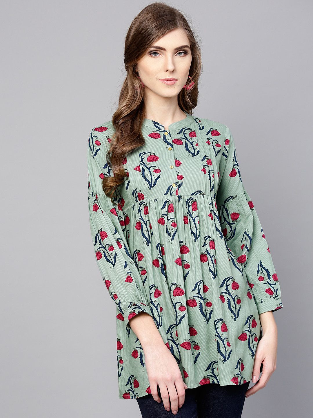 Libas Women Green & Red Printed A-Line Kurti Price in India