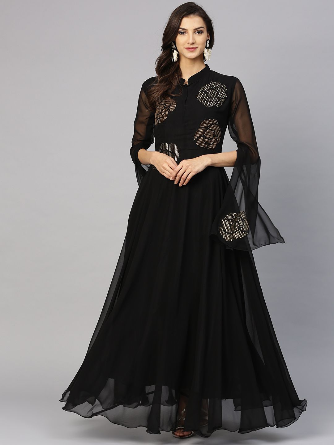 Inddus Women Black Embellished Maxi Dress Price in India