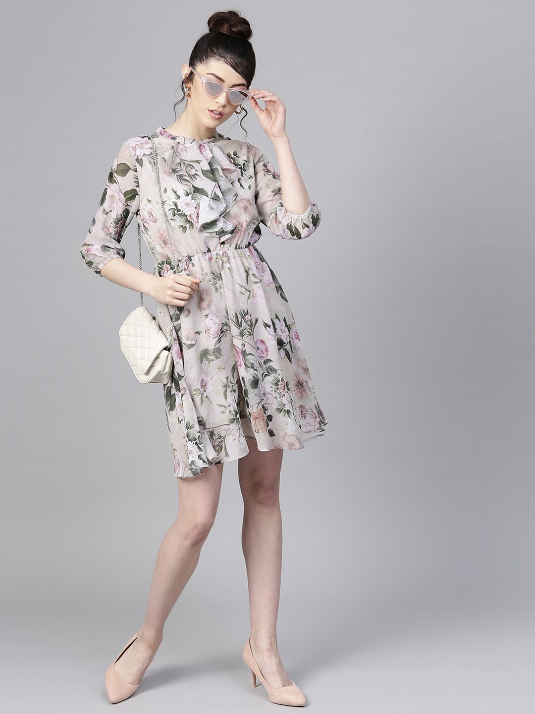SASSAFRAS Grey & Green Floral Print Fit and Flare Dress Price in India
