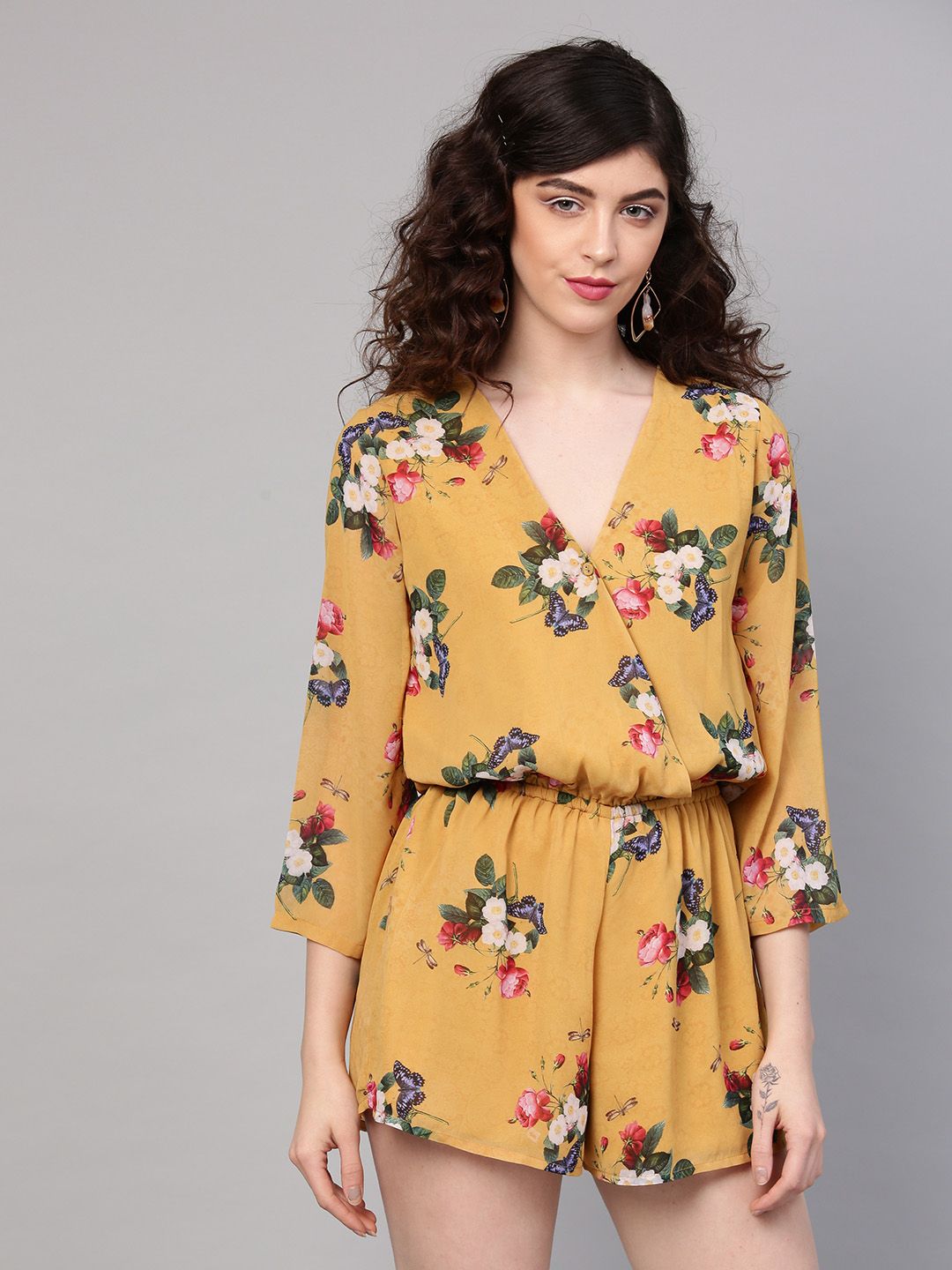 SASSAFRAS Mustard Yellow & Green Floral Print Wrap Playsuit Price in India