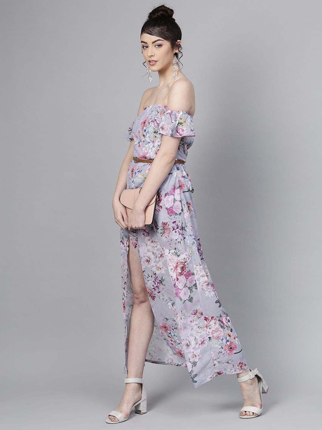 SASSAFRAS Grey Floral Printed High-Slit Maxi Dress Price in India