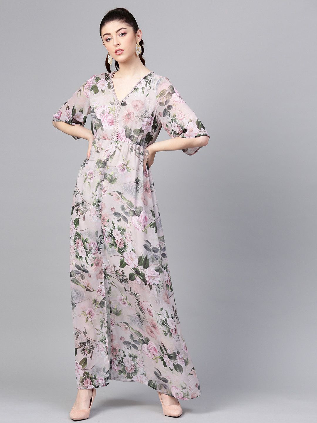 SASSAFRAS Taupe & Green Floral Printed Maxi Dress Price in India