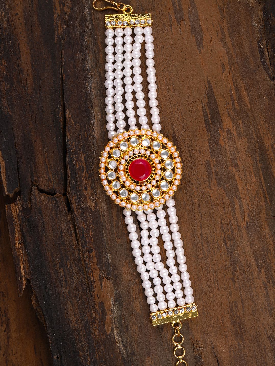 Zaveri Pearls Gold-Toned & White Multi Pearl Stranded Bracelet Price in India