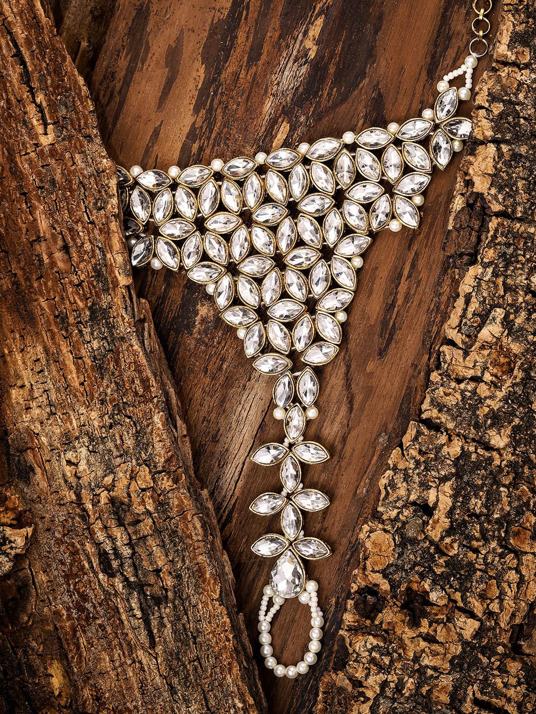 Zaveri Pearls Gold-Toned Antique Kundan & Pearl-Studded Ring Bracelet Price in India