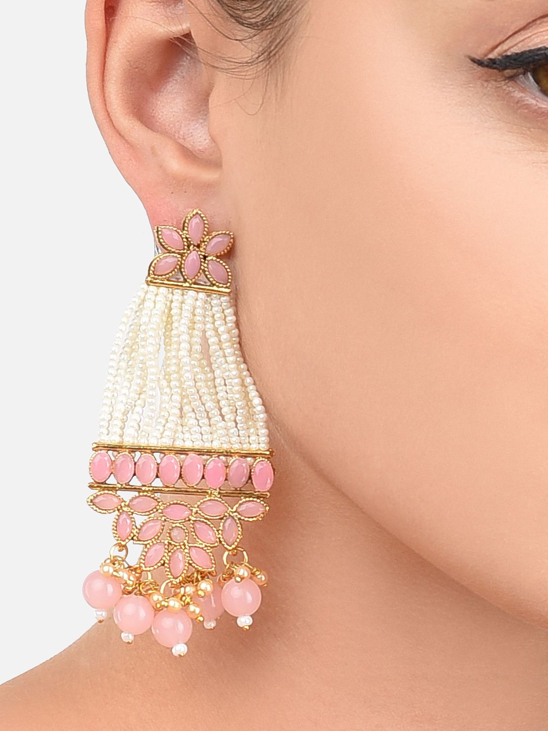 Zaveri Pearls Gold-Toned & Pink Classic Drop Earrings Price in India