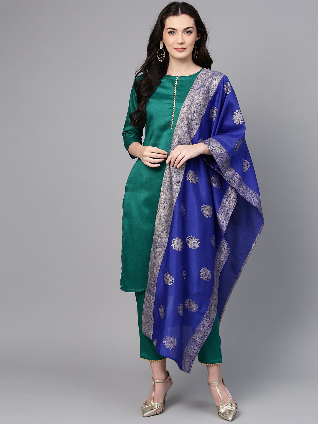 Ahalyaa Women Green Solid Kurta with Trousers & Dupatta Price in India