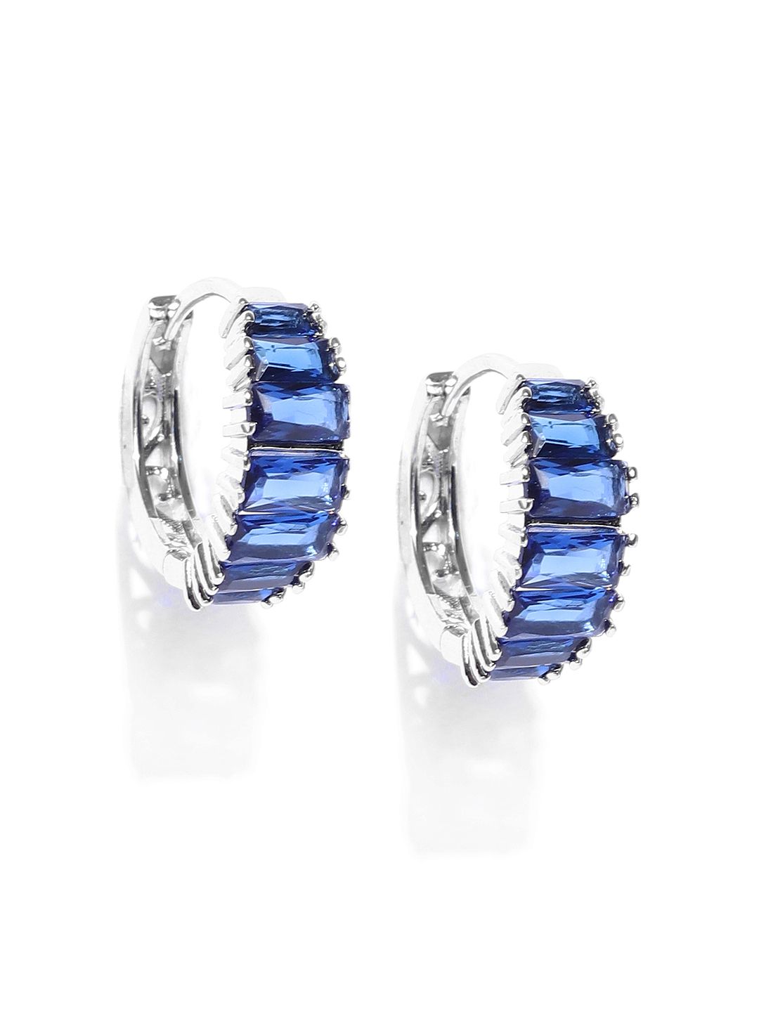 Jewels Galaxy Blue & Silver-Toned Rhodium-Plated Handcrafted Stone-Studded Hoop Earrings Price in India