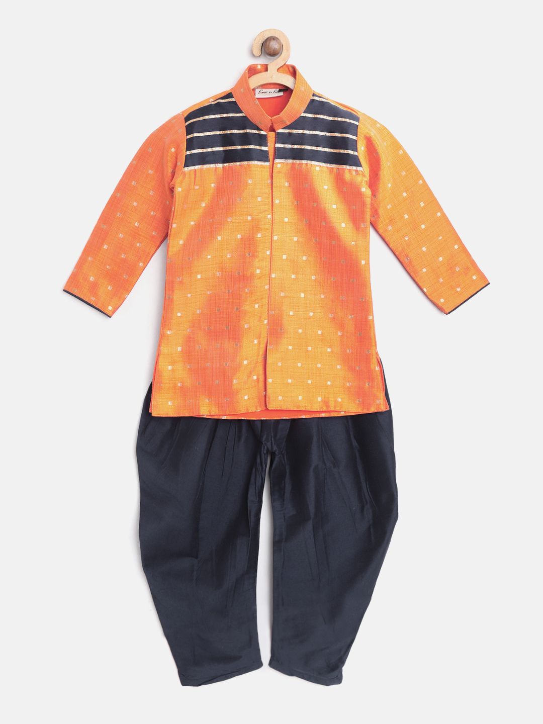 BownBee Boys Orange & Navy Blue Woven Design Sherwani Set