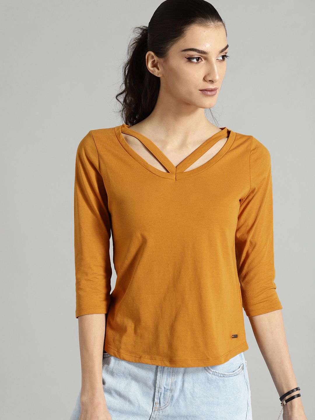 Roadster Women Mustard Yellow Solid Styled Back Top Price in India