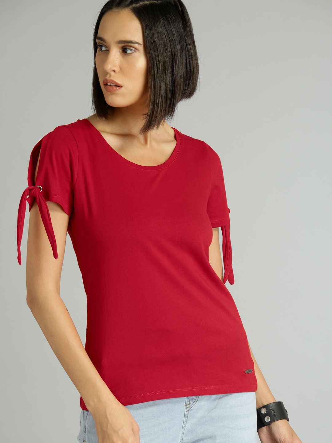 Roadster Women Red Solid Pure Cotton Top Price in India