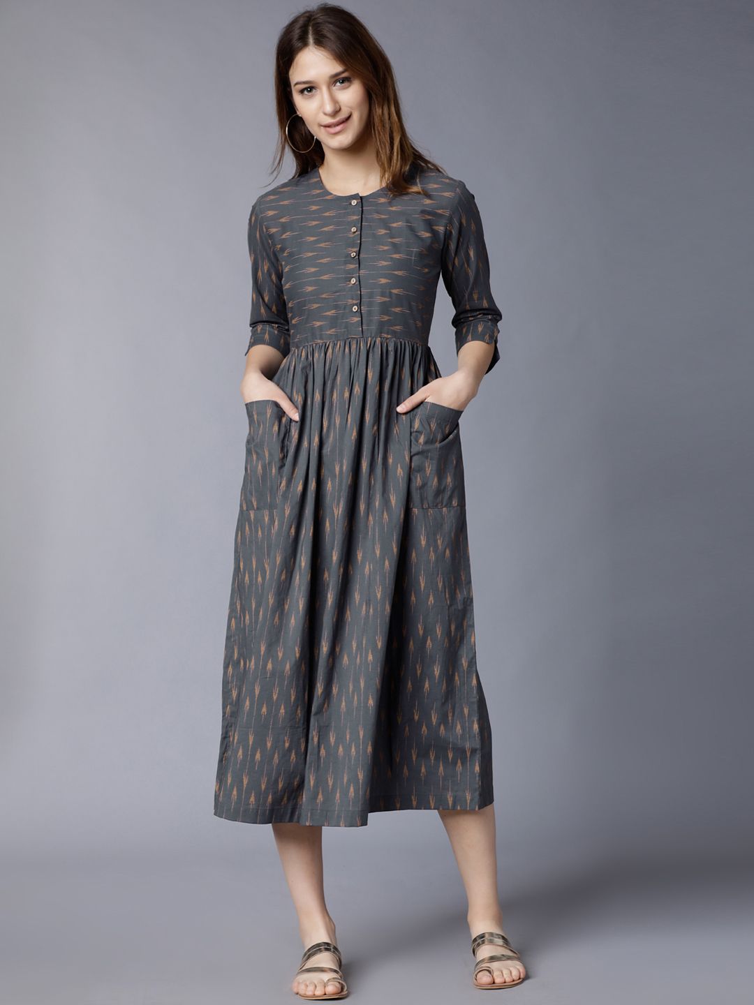 Vishudh Women Grey Printed Fit and Flare Dress Price in India