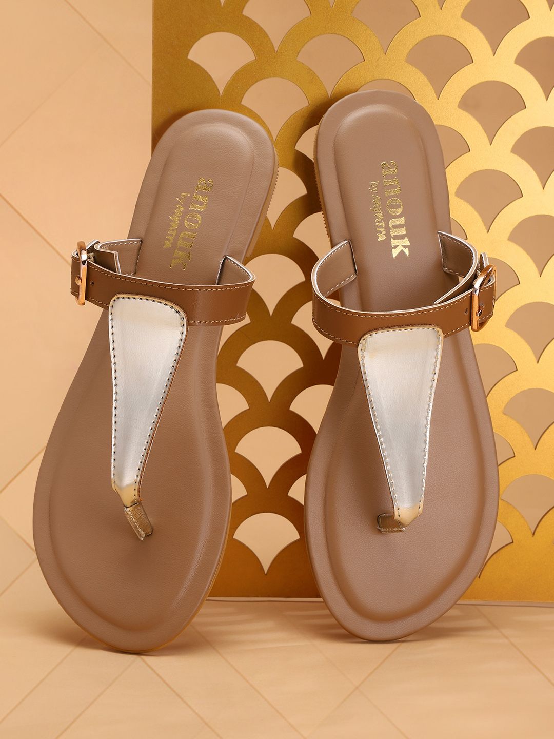 Anouk Women Gold-Toned & Brown Colourblocked T-Strap Flats Price in India