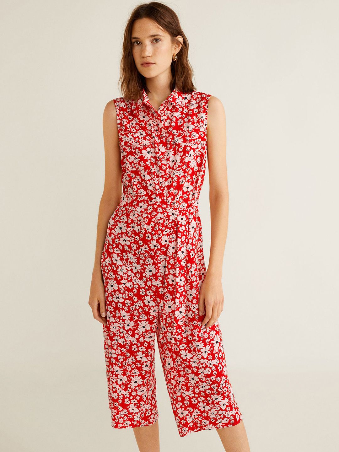 MANGO Red & Pink Printed Capri Jumpsuit Price in India