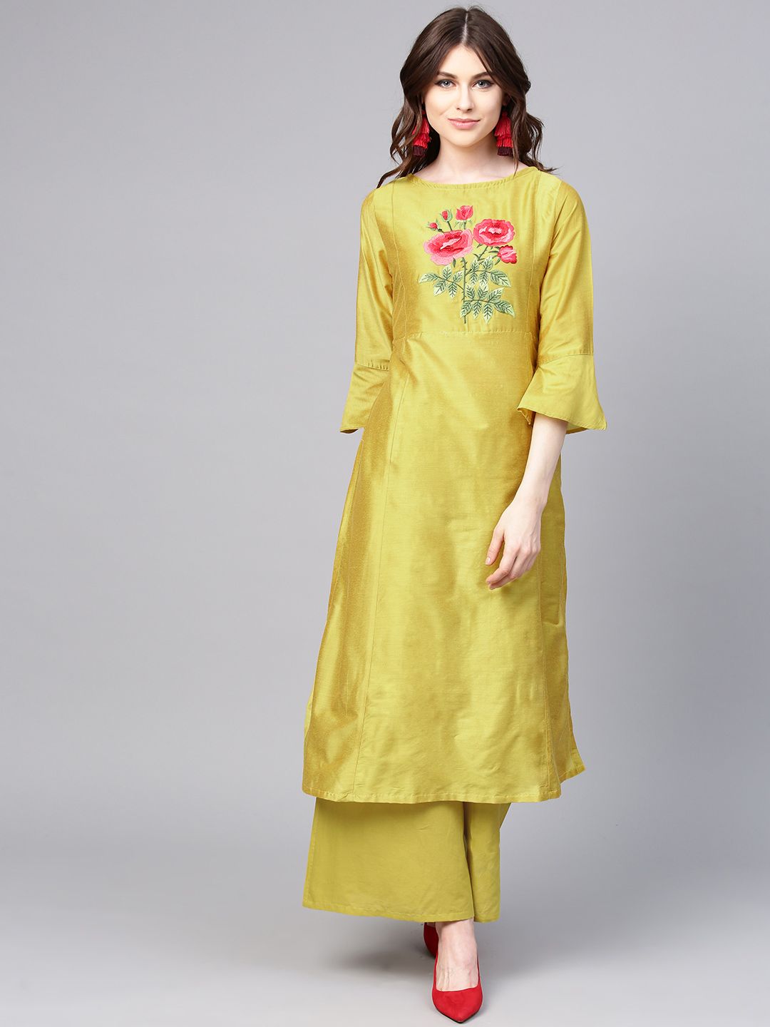 Bhama Couture Women Mustard Yellow Yoke Design Kurta with Palazzos Price in India