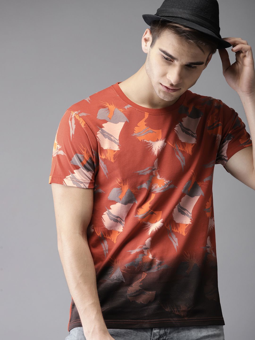 Moda Rapido Men Rust Brown Printed Round Neck T-shirt