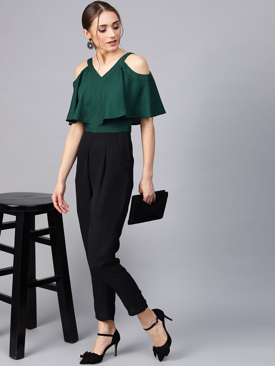 STREET 9 Green & Black Colourblocked Cold Shoulder Basic Jumpsuit Price in India