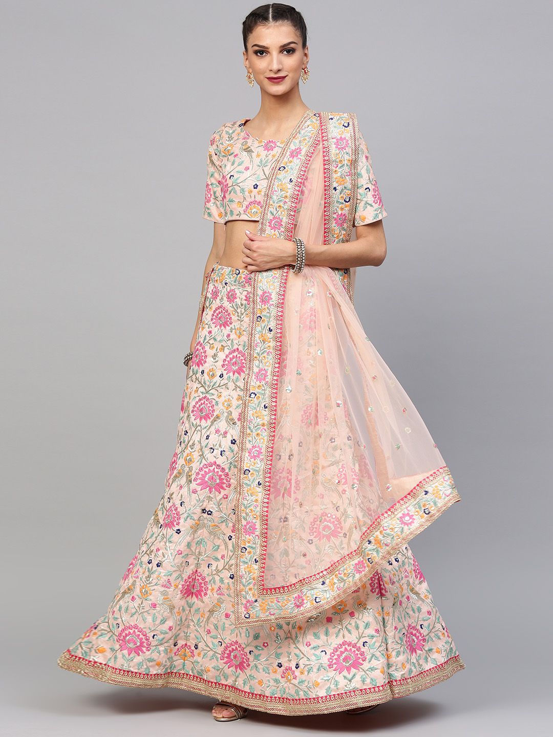 Inddus Peach-Coloured Embroidered Semi-Stitched Lehenga & Unstitched Blouse with Dupatta