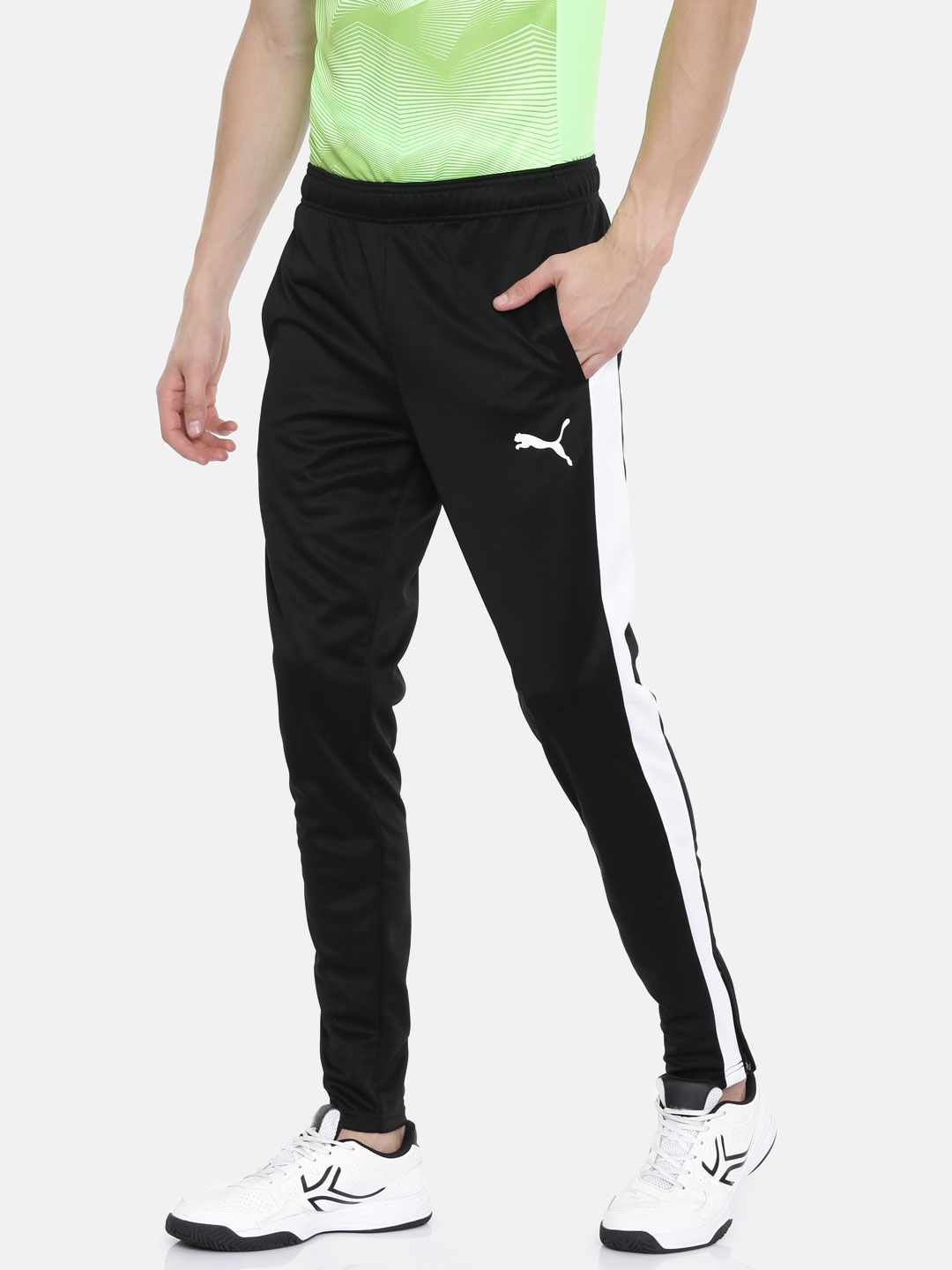 men's black track pants with white stripe