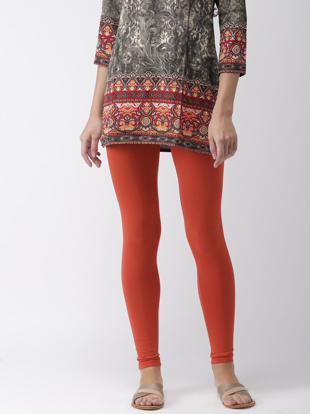 Go Colors Women Rust Orange Solid Ankle Length Leggings Price in India