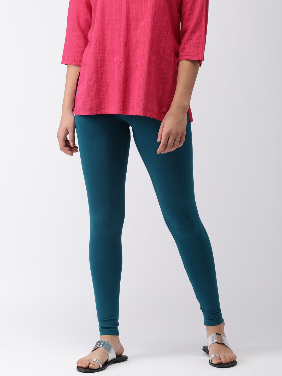 Go Colors Women Teal Blue Solid Ankle Length Leggings Price in India