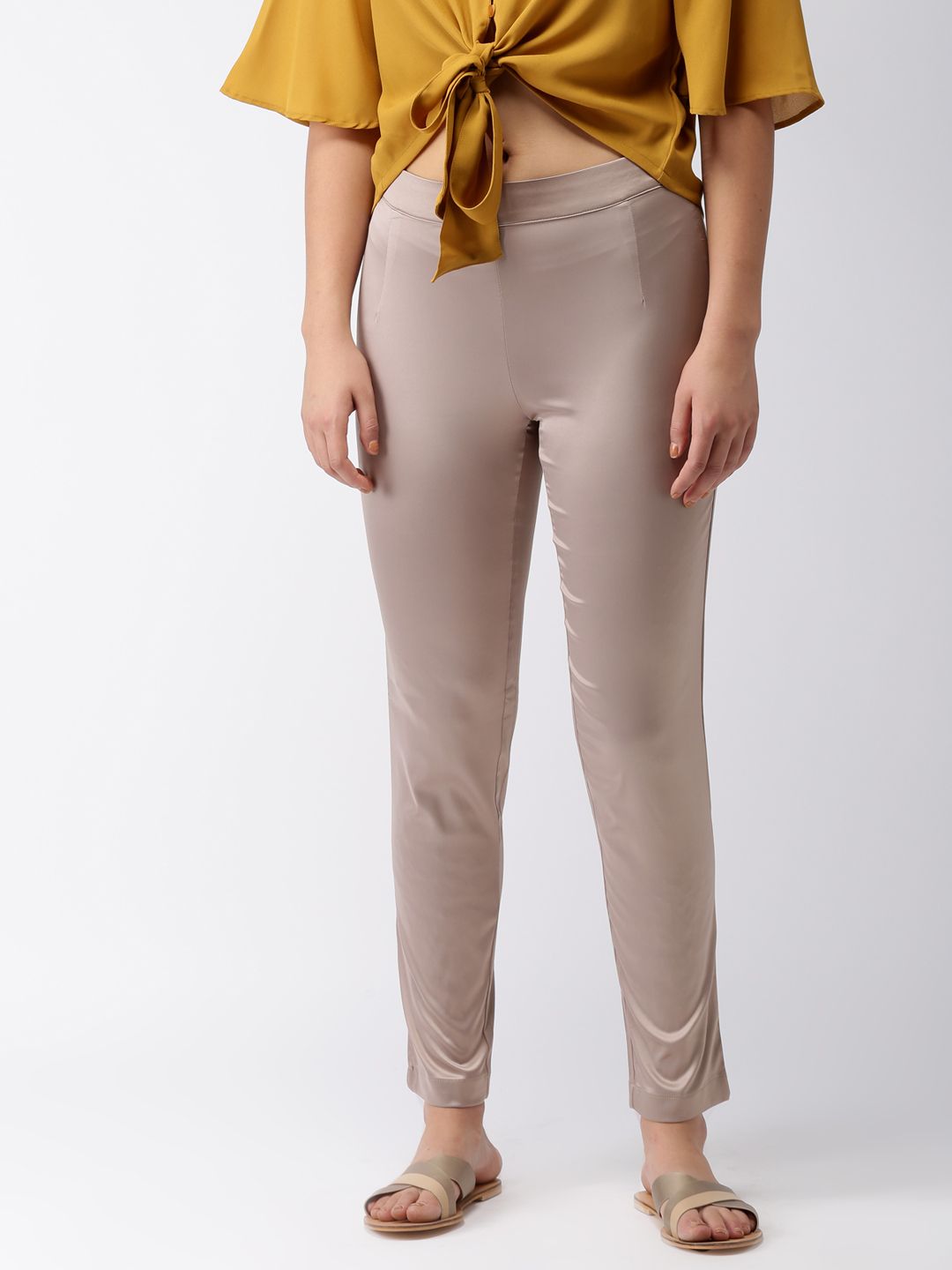 Go Colors Women Taupe Regular Fit Solid Cropped Shiny Cigarette Trousers Price in India