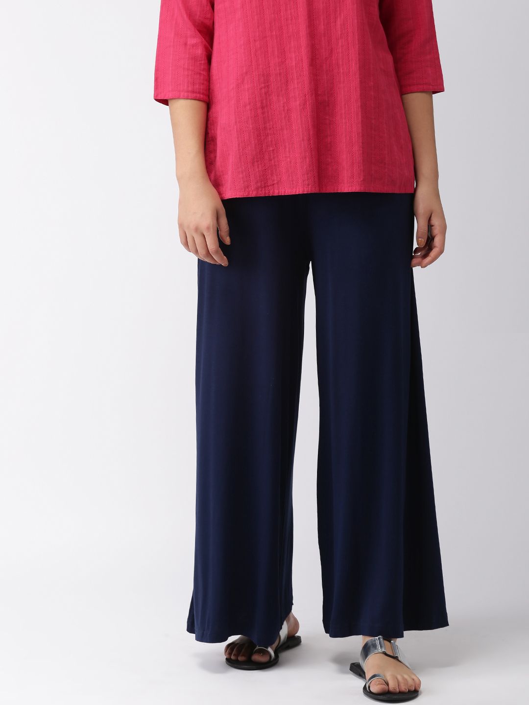 Go Colors Women Navy Blue Solid Wrinkle Resistant Wide Leg Palazzos Price in India