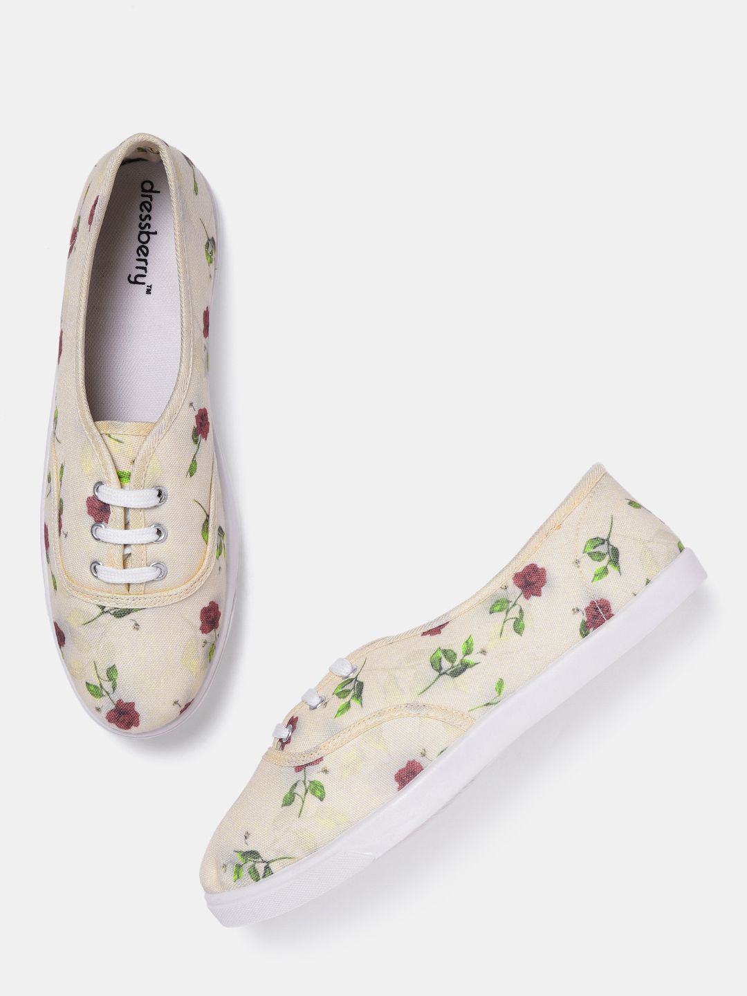 DressBerry Women Cream-Coloured & Red Printed Sneakers Price in India