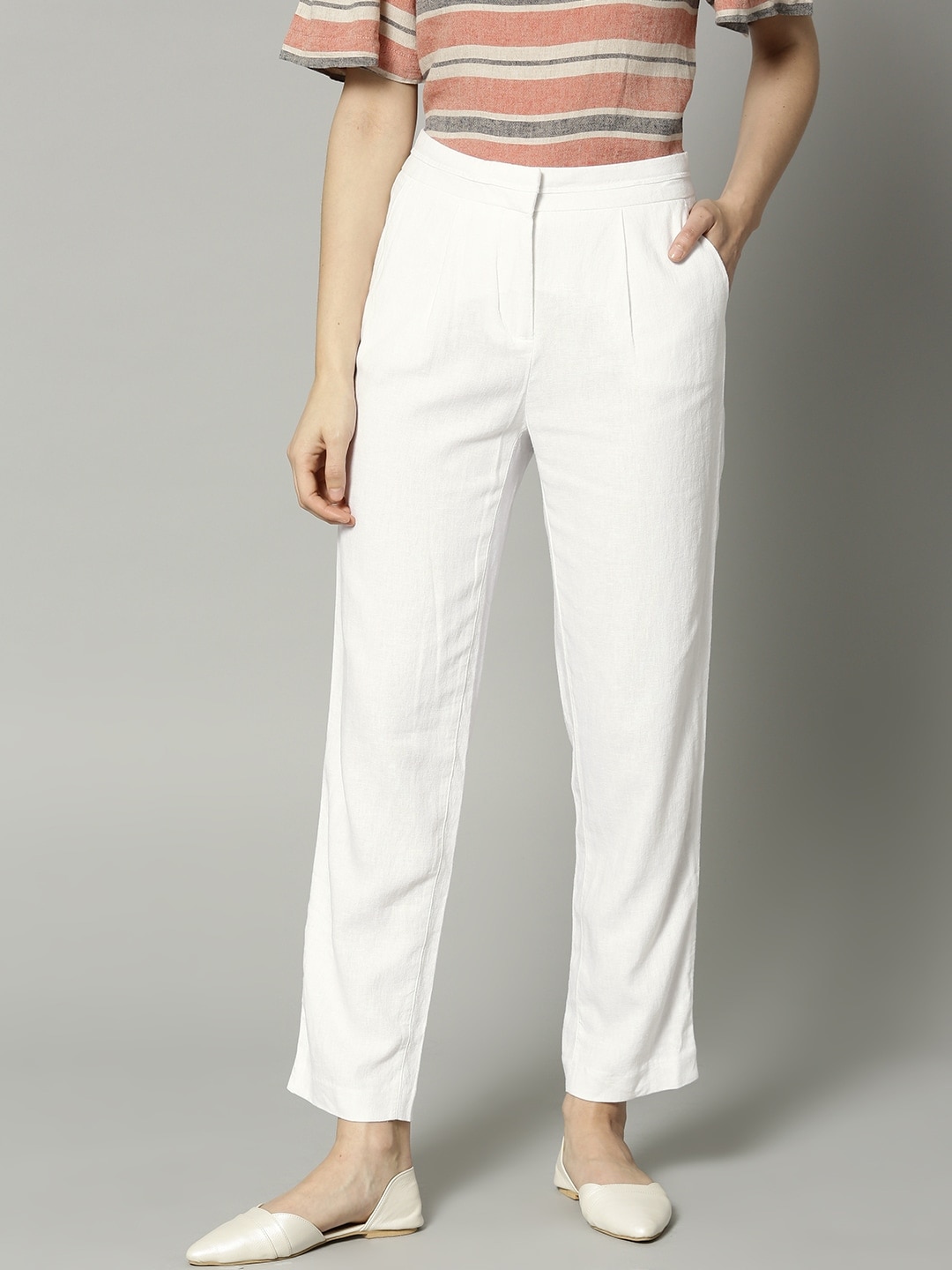 Marks & Spencer Women White Regular Fit Solid Trousers Price in India