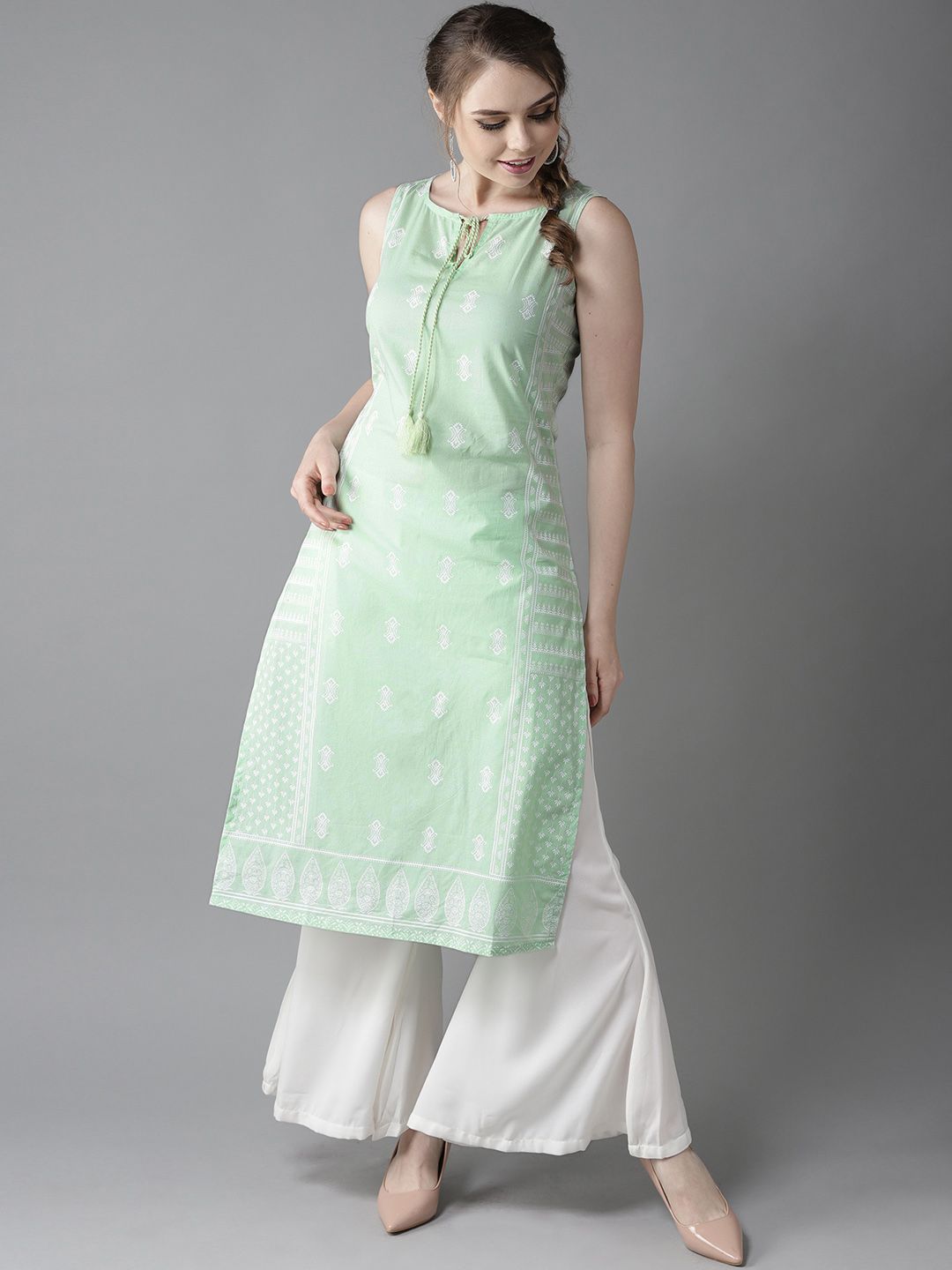 HERE&NOW Women Sea Green & White Printed Straight Kurta