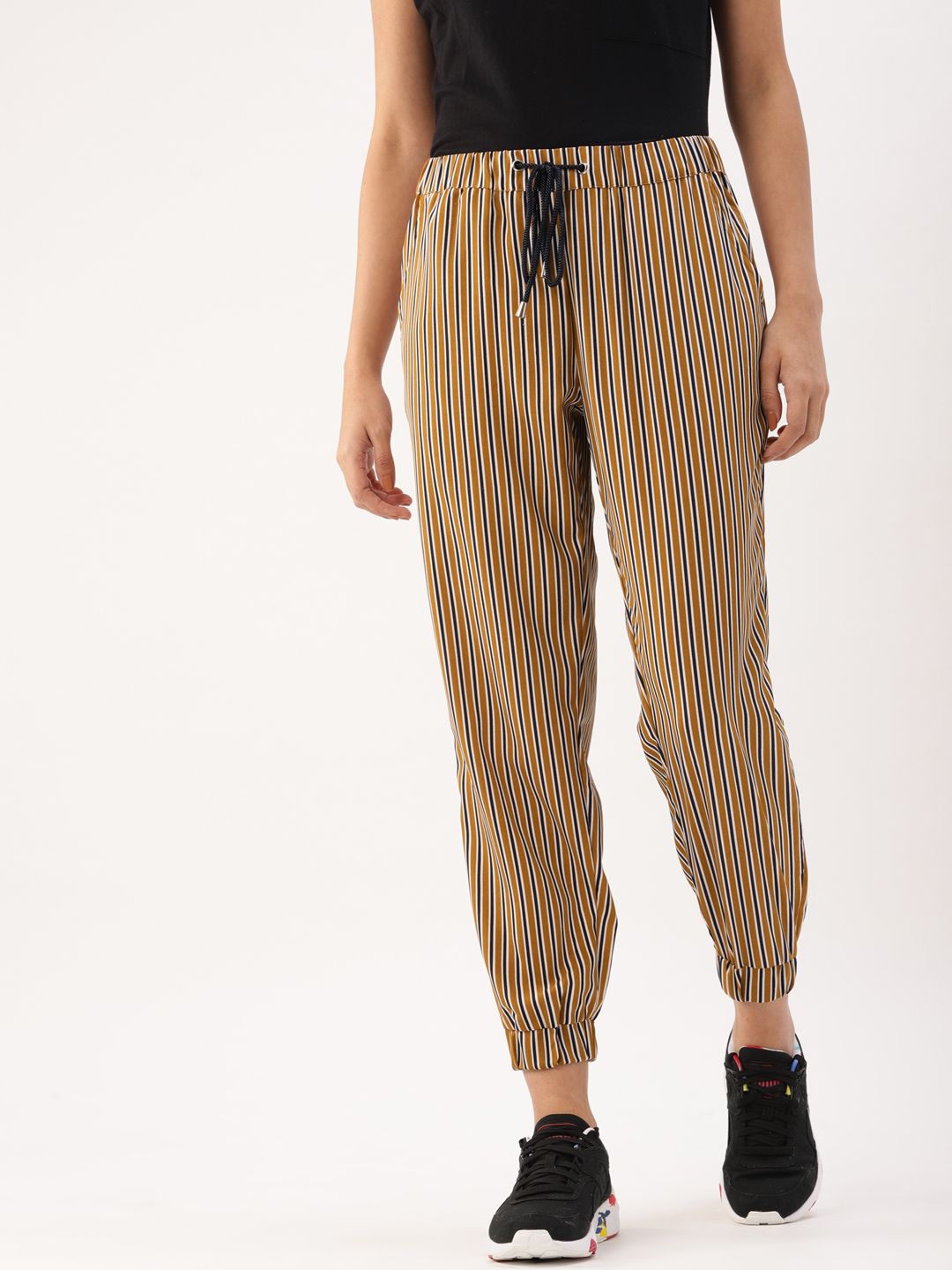 DressBerry Women Mustard Yellow & Black Regular Fit Striped Joggers Price in India