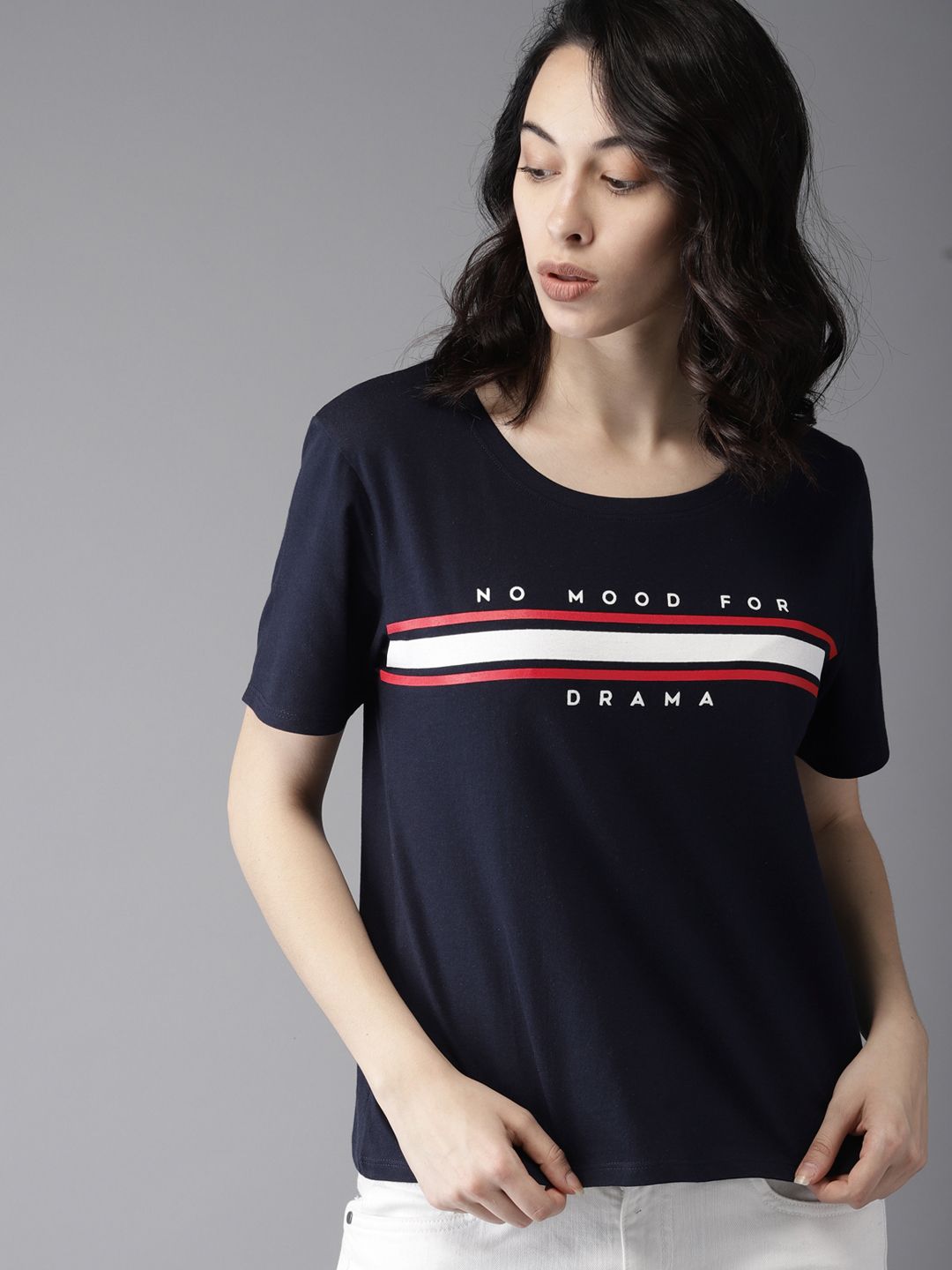 Moda Rapido Women Navy Blue Printed Round Neck T-shirt