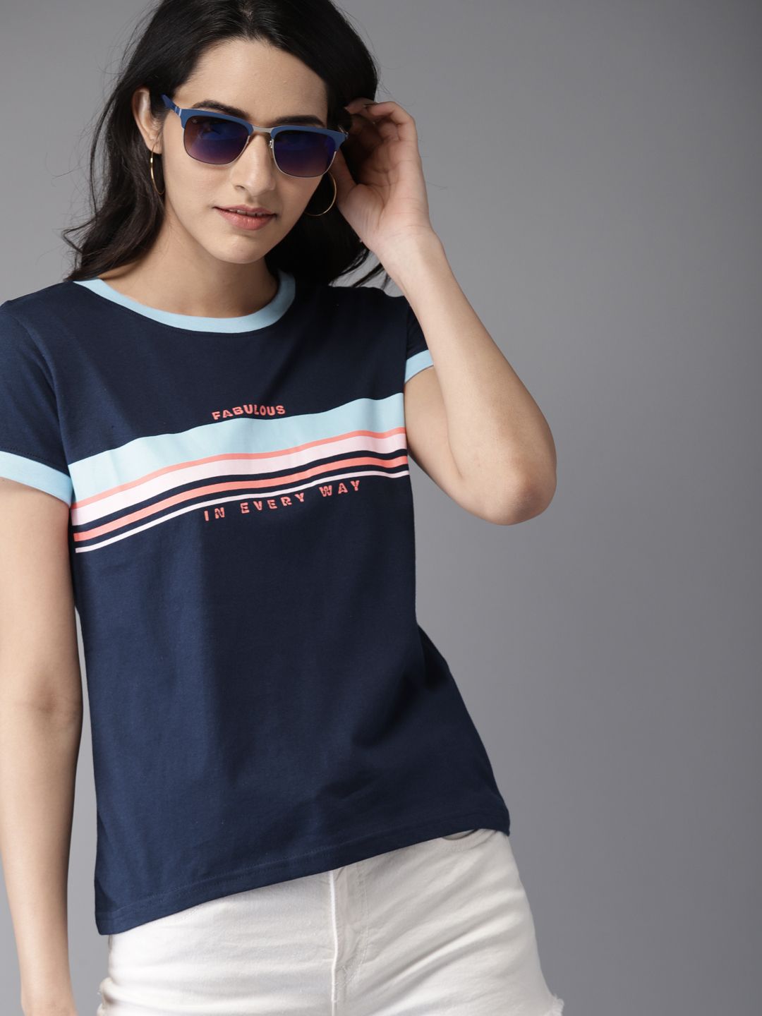 Moda Rapido Women Navy Blue Striped Round Neck T-shirt